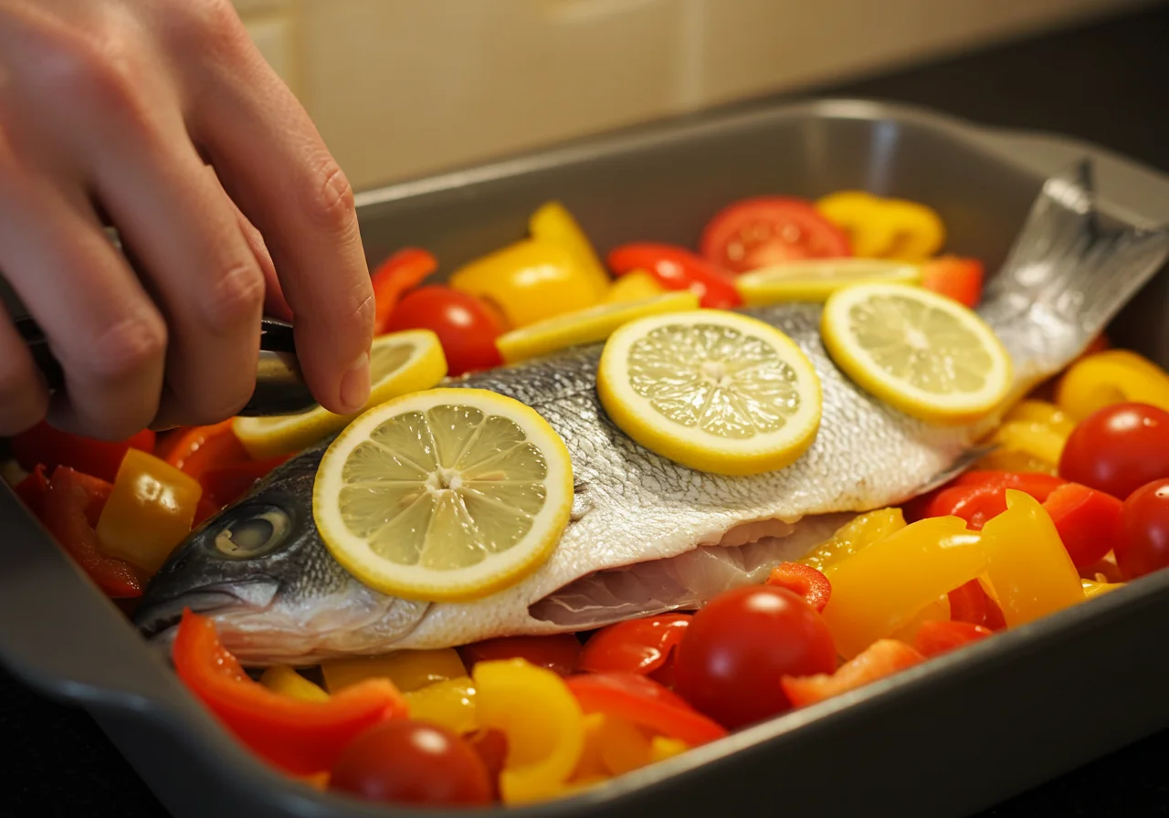Gallineta pescado arranged in a baking dish with vegetables for a flavorful recipe.