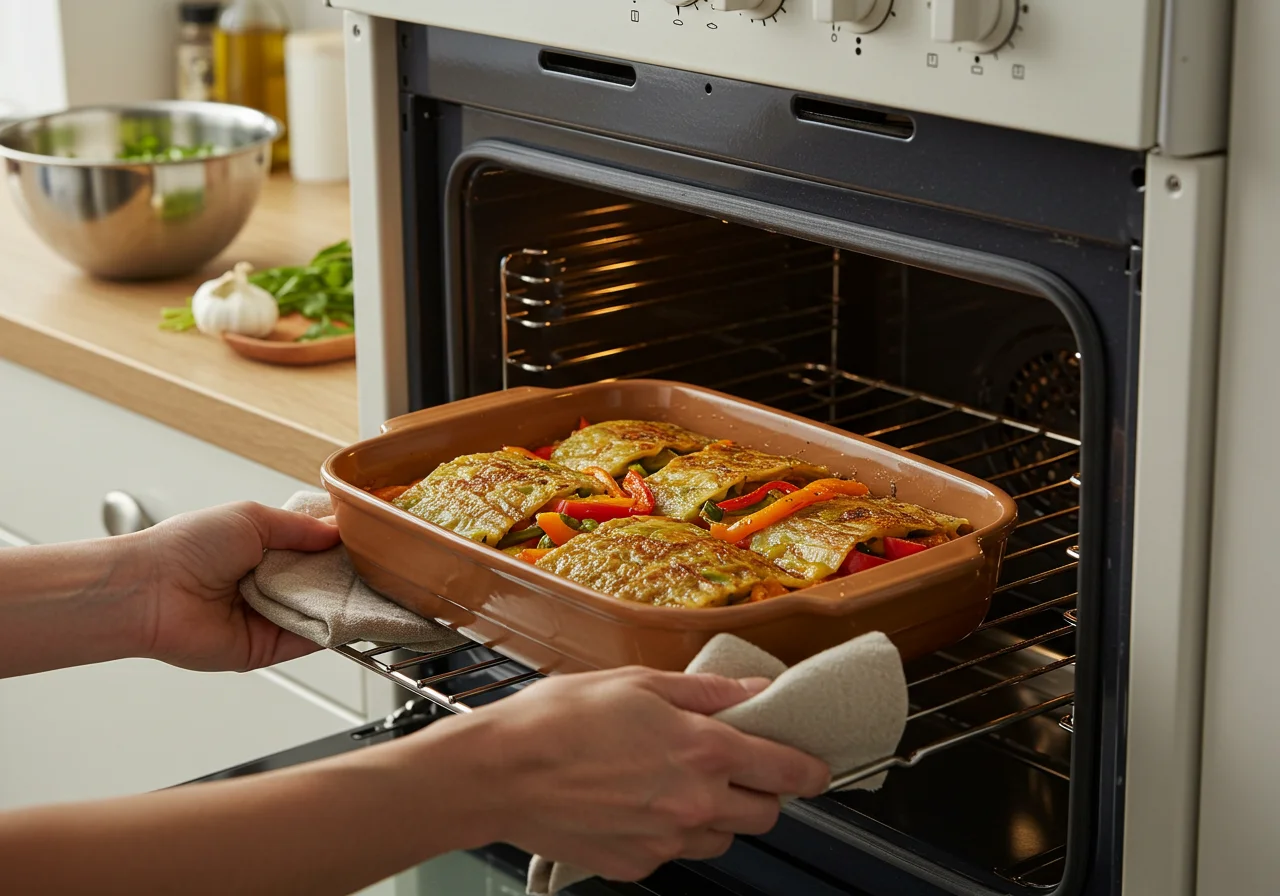 Gallineta pescado dish being placed in the oven for perfect cooking.