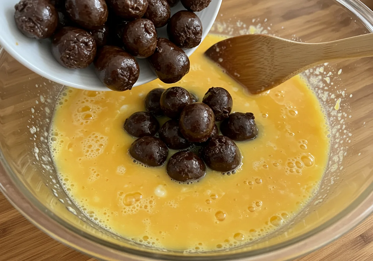 Combining morcilla sausages with beaten eggs for the traditional revuelto de morcillas.