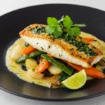 Plato de pescado San Pedro fresco cocido, decorado con hierbas y servido con verduras salteadas.