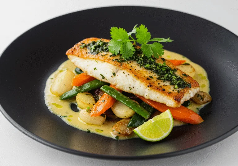 Plato de pescado San Pedro fresco cocido, decorado con hierbas y servido con verduras salteadas.