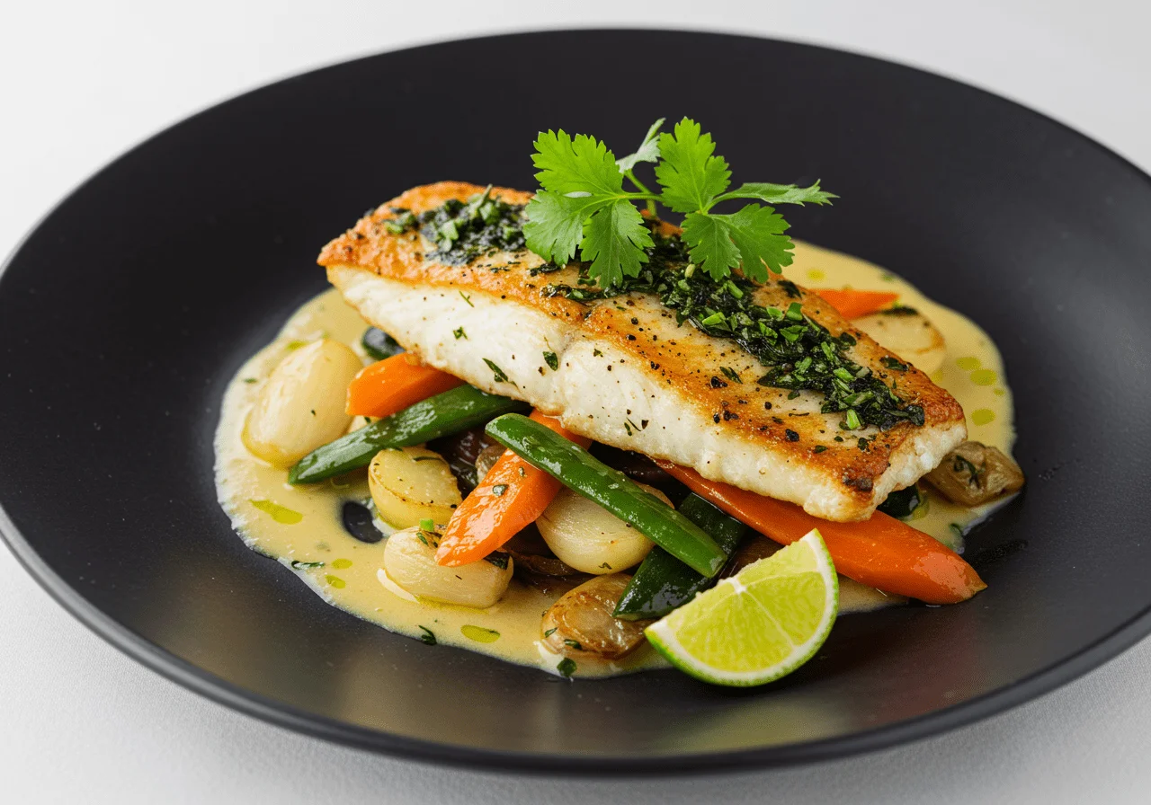 Plato de pescado San Pedro fresco cocido, decorado con hierbas y servido con verduras salteadas.