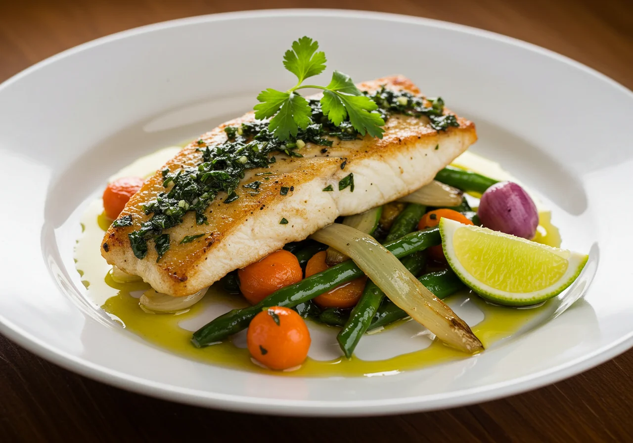 Plato de pescado San Pedro fresco cocido, decorado con hierbas y servido con verduras salteadas.