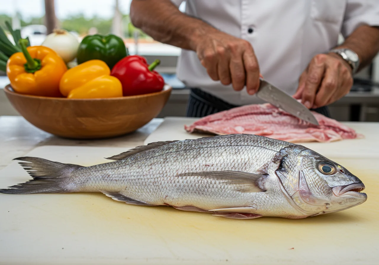 Limpieza de pescado San Pedro fresco en una tabla de cortar, listo para cocinarnos.