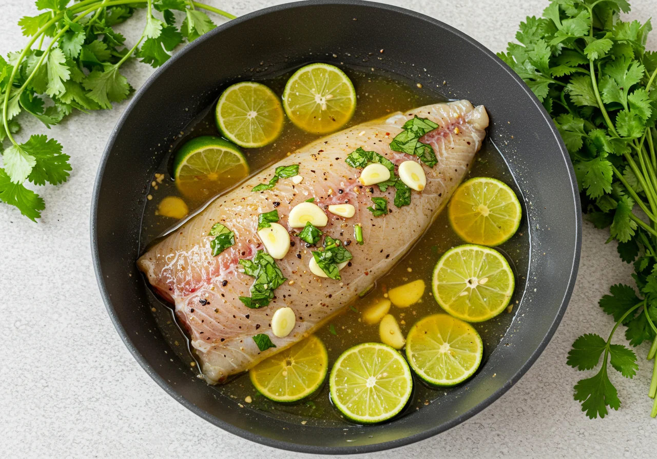 Pescado San Pedro marinado con limón y especias, listo para cocinar.