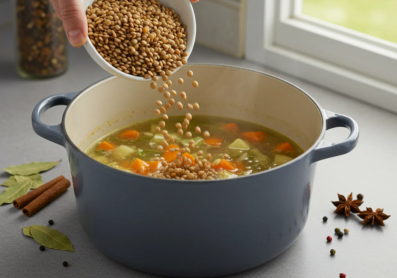 Lentils being combined with sautéed vegetables and broth for Sopa de Lentejas Casera.