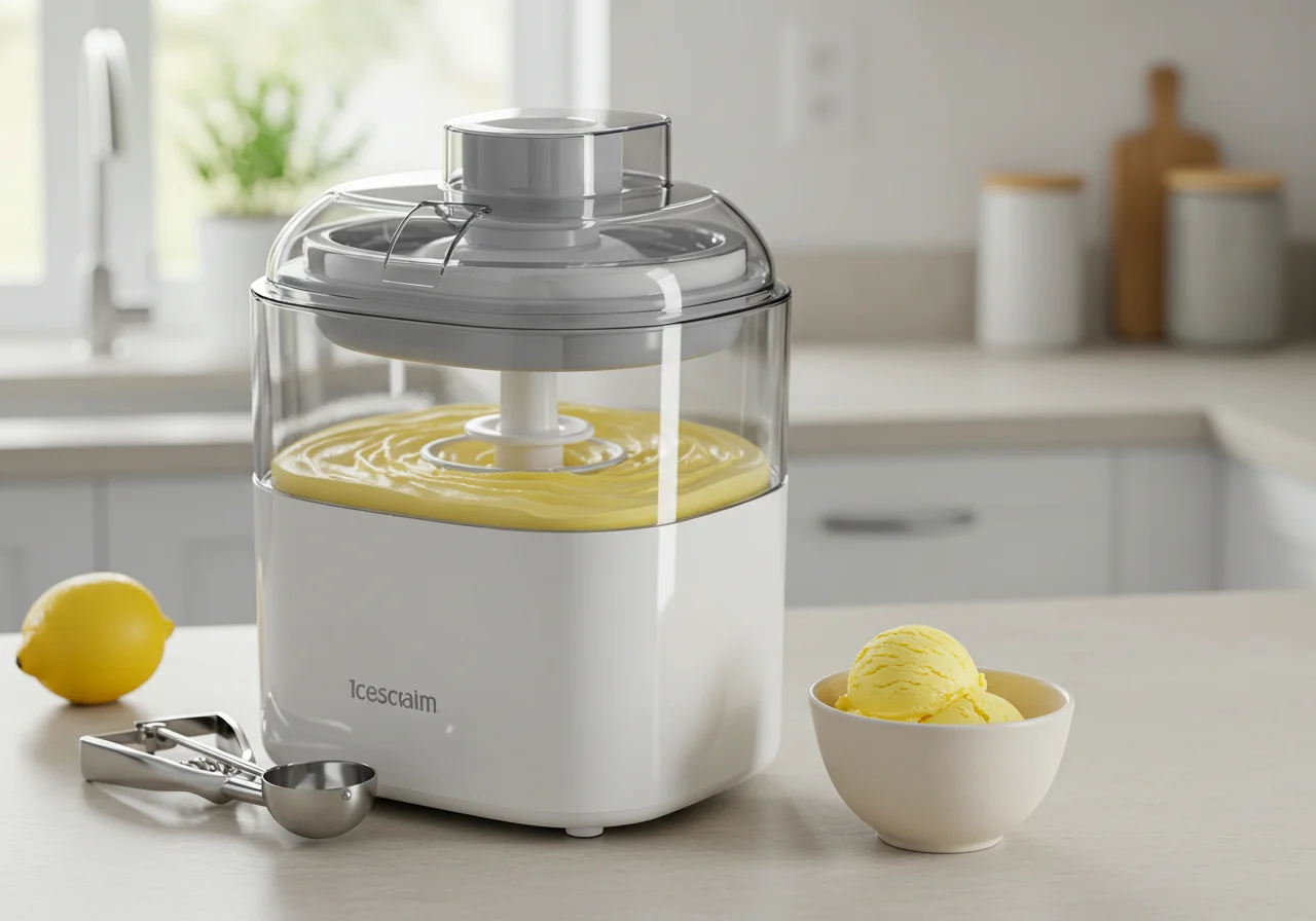 Ice cream maker churning sorbete de limon al cava mixture until creamy.