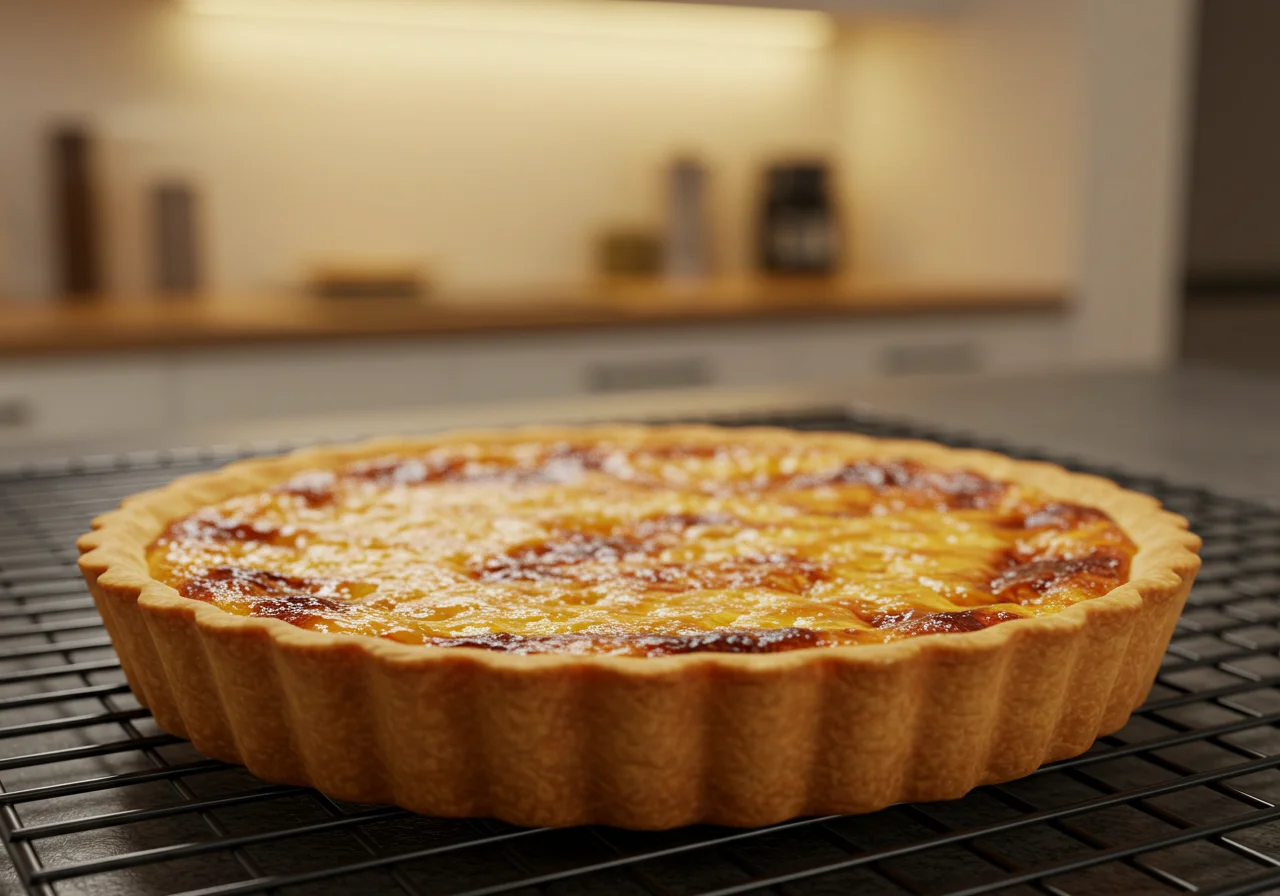 Tarta de fruta y hojaldre casera recién horneada enfriando sobre una rejilla.