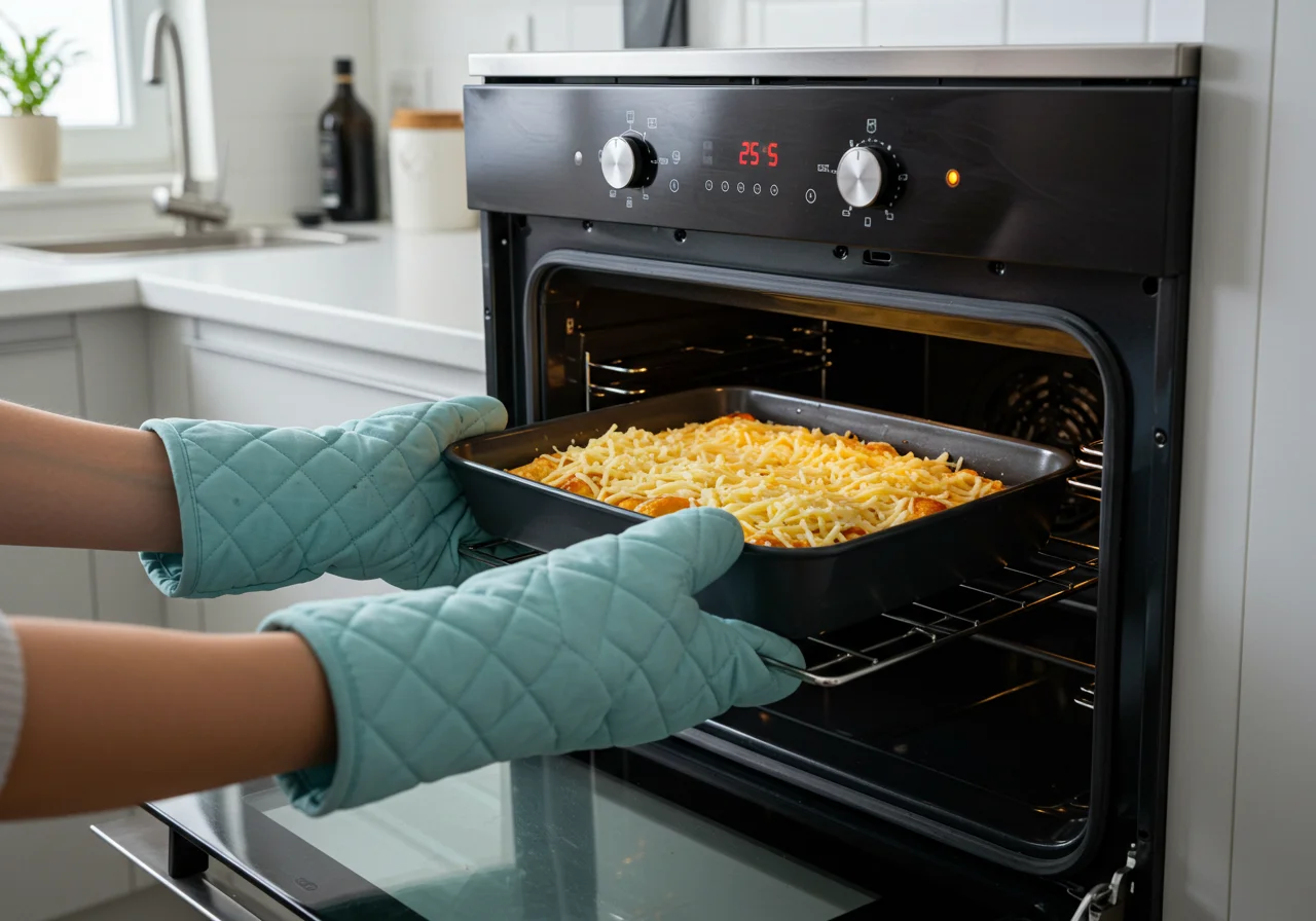 Colocando la mezcla de tarta de queso La Viña Thermomix en el horno para hornear.