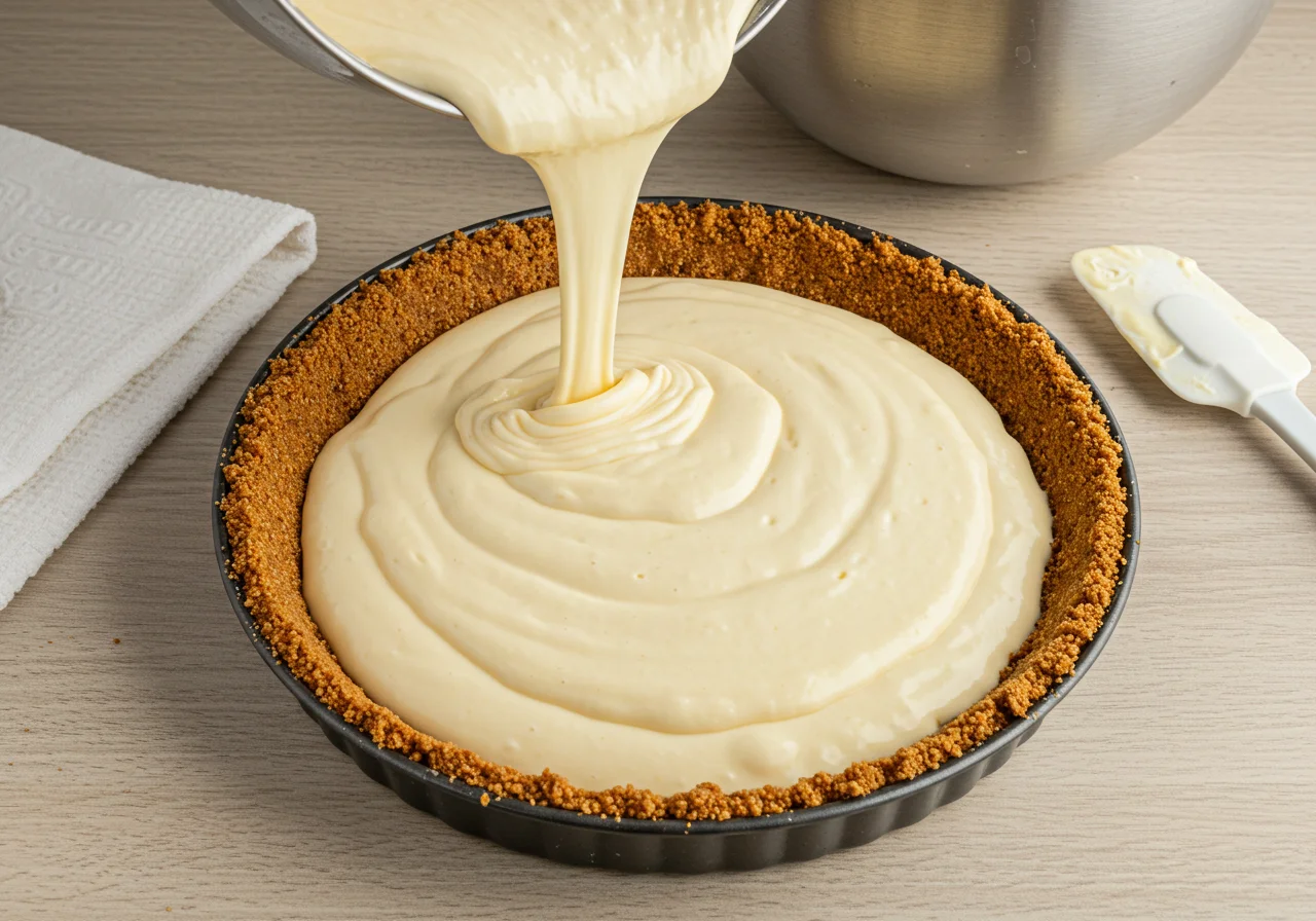 Batido de tarta de queso vertido en la base de galleta graham para la tarta de queso y limón.