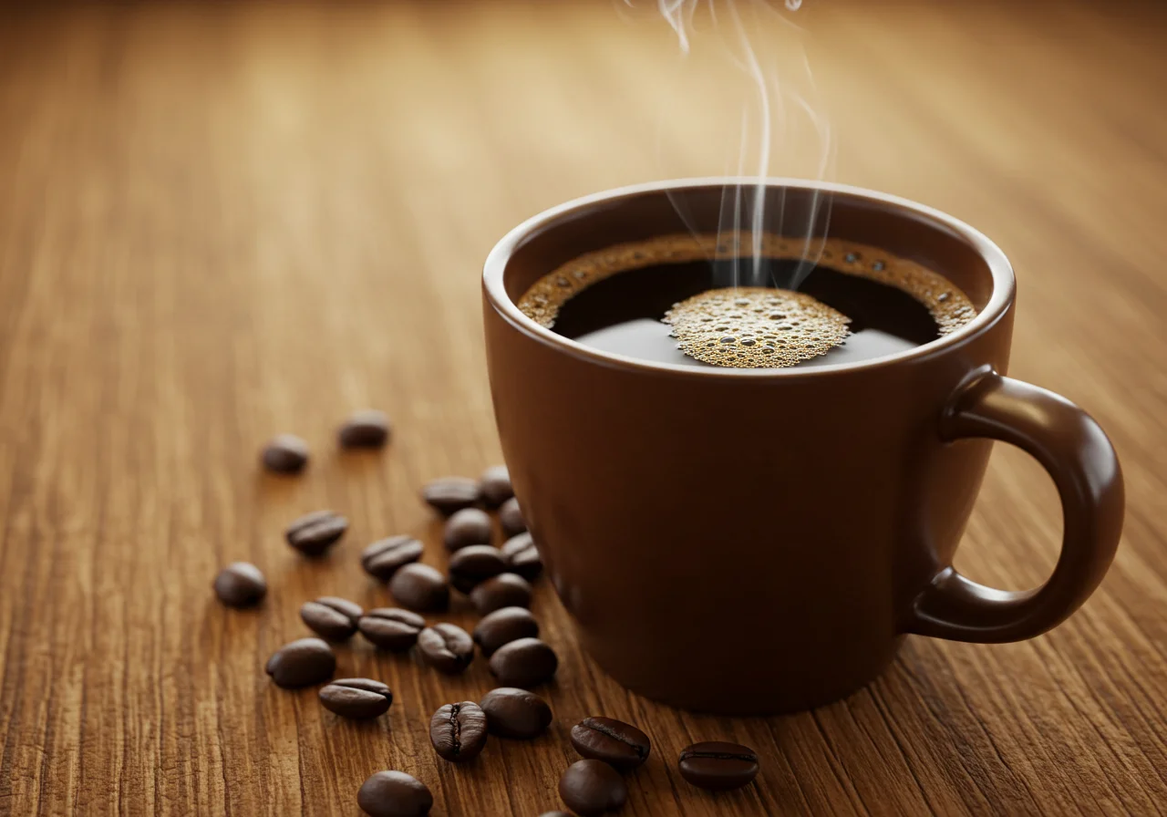 Taza de cafe caliente en una mesa rústica con granos de café esparcidos para hacer la taza de cafe perfecta.
