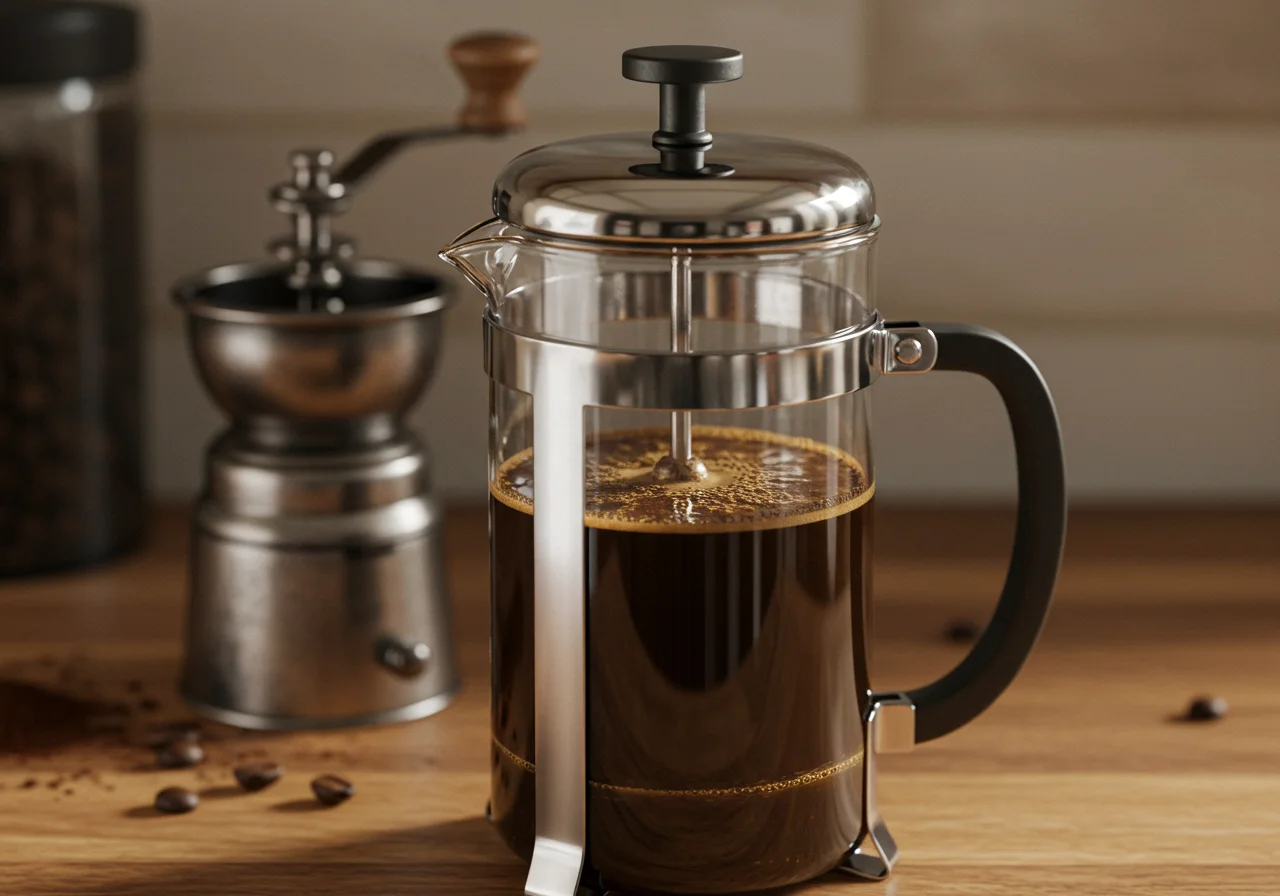 Prensa francesa con agua caliente y café molido grueso para preparar la taza de cafe perfecta.