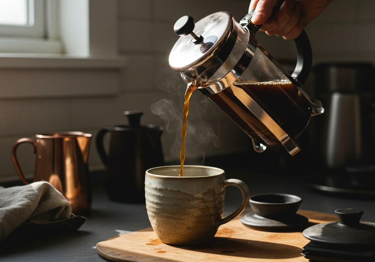 Vertiendo café de la prensa francesa en una taza de café para la taza de cafe perfecta.