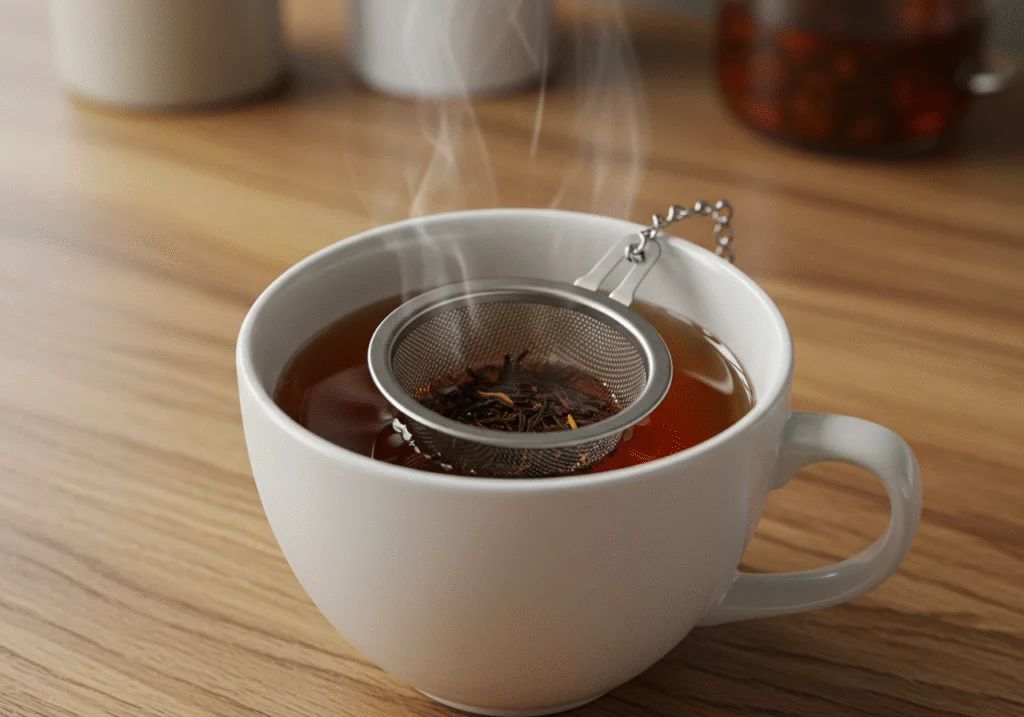 Infusor de té en una taza de te caliente, creando un delicioso sabor para disfrutar en cada sorbo.