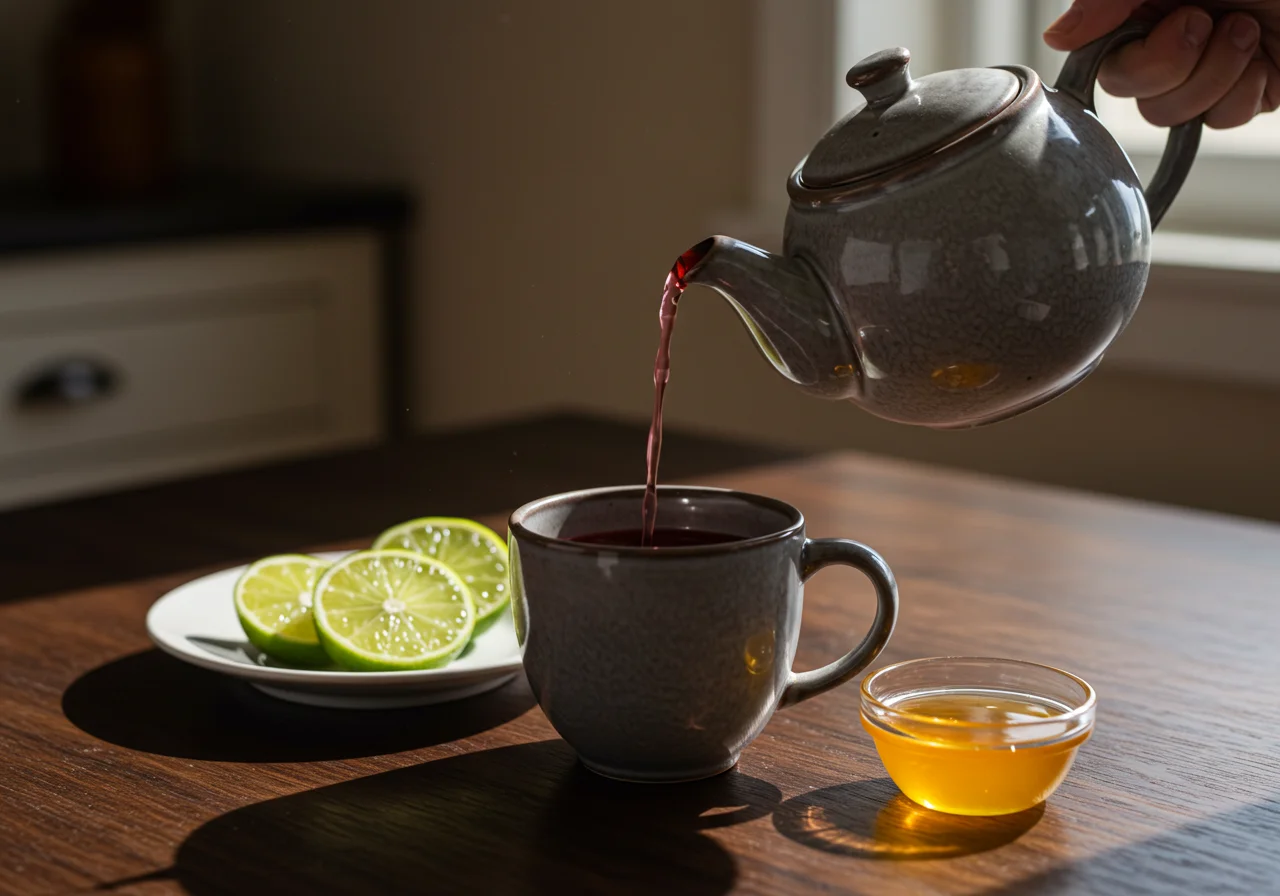 Pouring steeped te de hibisco into a cup with lime and honey on the side.