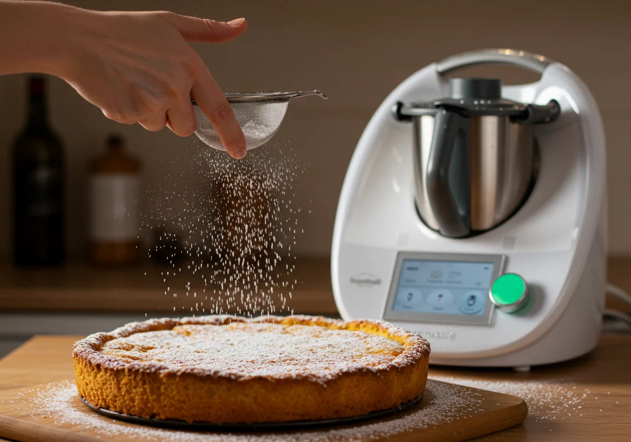 Dusting powdered sugar on Tarta de Santiago for a beautiful finish.