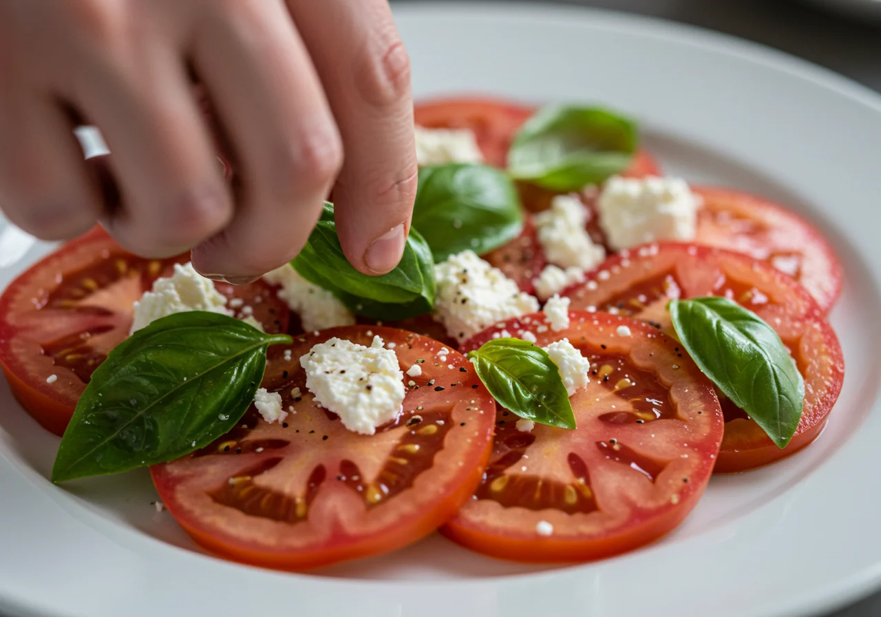 Tomate rosa de Barbastro served with fresh basil and feta cheese for a delicious salad.