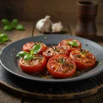Tomates azules horneados decorados con hierbas frescas, perfectos para una comida especial.