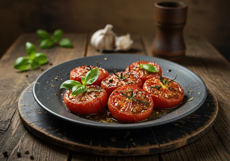 Tomates azules horneados decorados con hierbas frescas, perfectos para una comida especial.