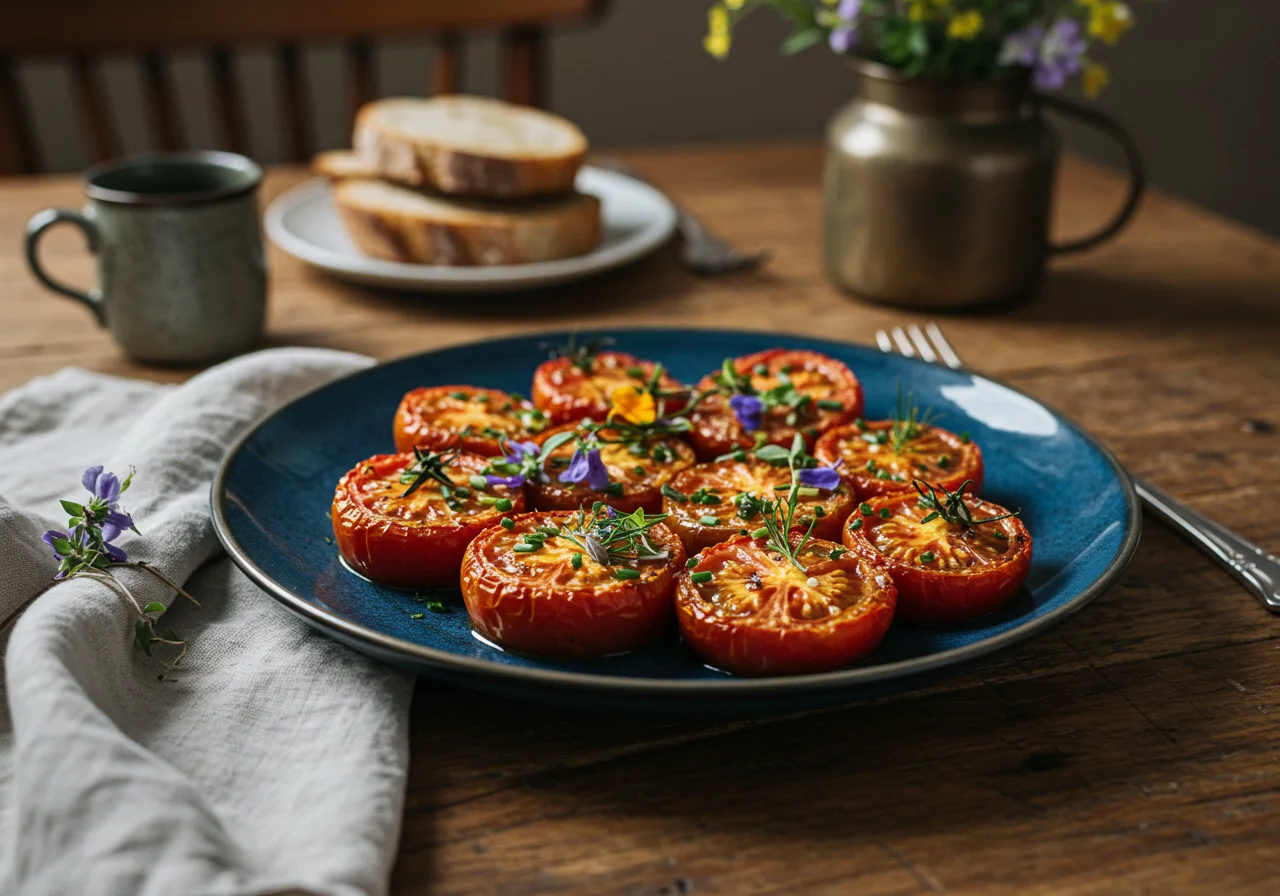Tomates azules horneados decorados con hierbas frescas, perfectos para una comida especial.