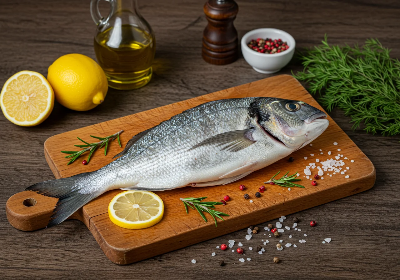 Pescado virrey fresco en una tabla de cortar con limones y hierbas, ingredientes para preparar pescado rey.