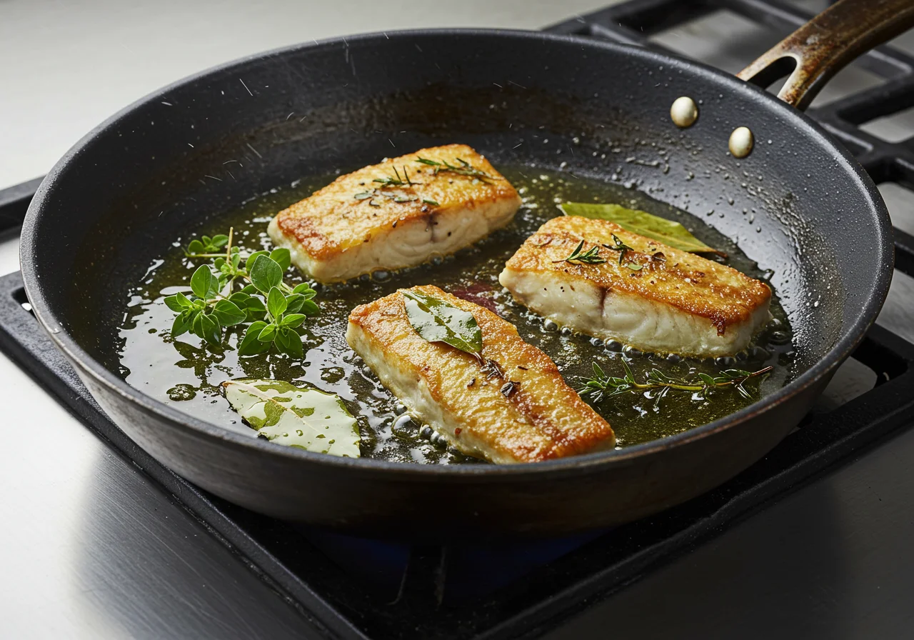Pescado virrey cociéndose en una sartén con aceite de oliva, parte de la receta de pescado rey.
