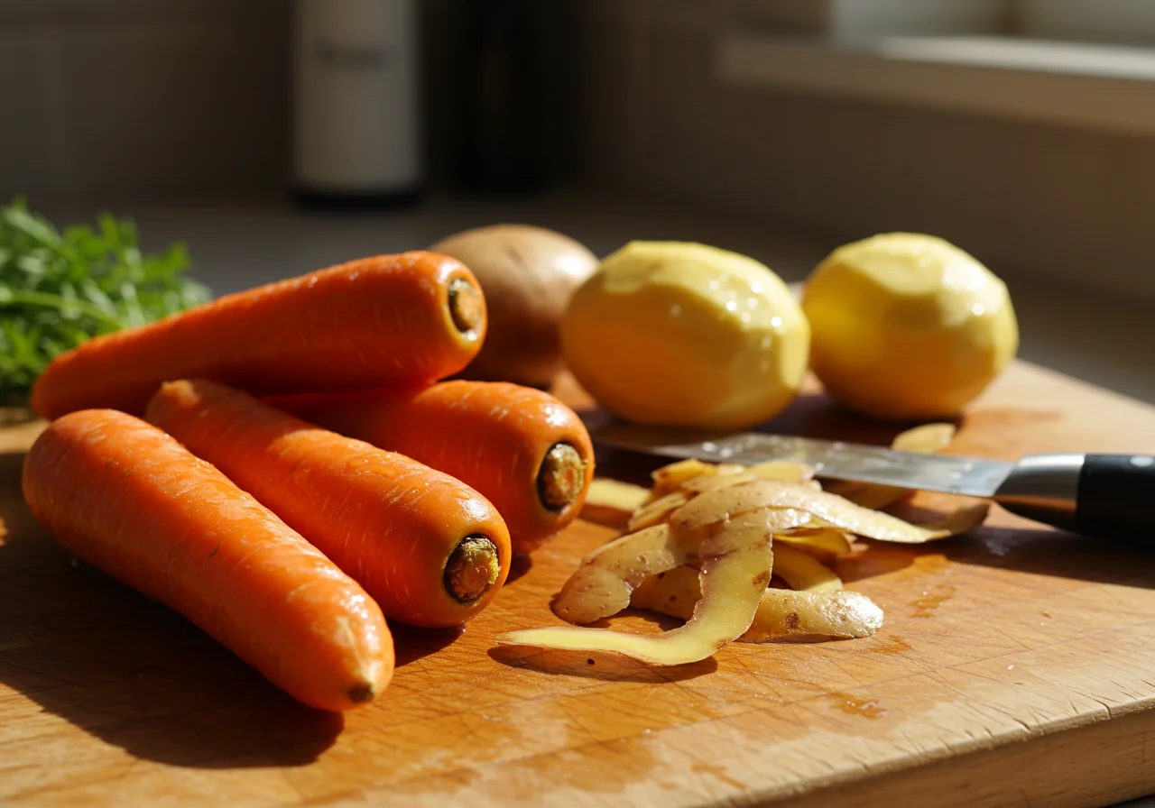 Fresh carrots and potatoes being prepared for crema de zanahoria y patata.