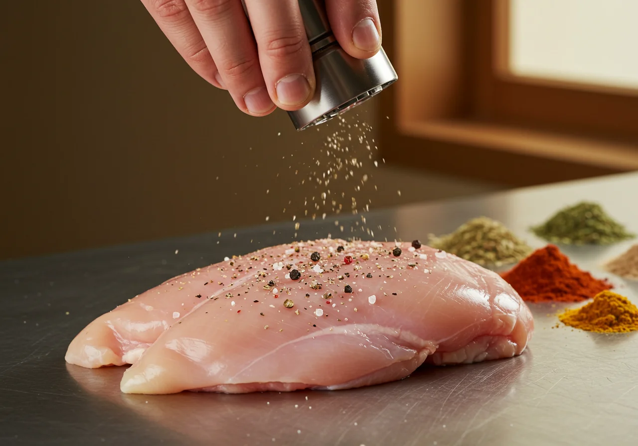 Sazonando la pechuga de pollo fresca con sal y pimienta para resaltar su sabor.