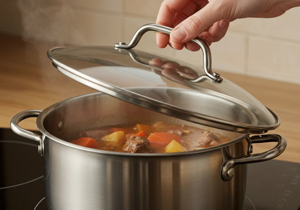 Simmering meloso de ternera estofado with lid on, allowing flavors to meld together.