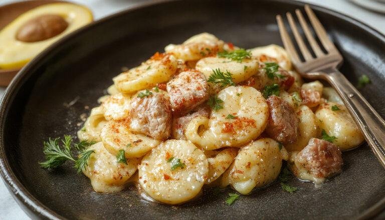 Plato tradicional de ajoarriero presentado en un cuenco de cerámica, con una textura cremosa y espesada, con trozos de bacalao desmenuzado, pimiento rojo y ajo visible, decorado con perejil fresco y acompañado de pan crujiente al lado.