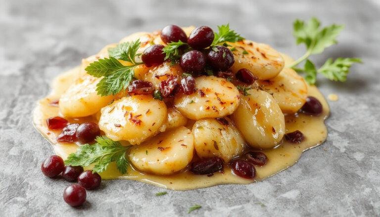 Plato de ajoblanco malagueño con un color crema suave, decorado con uvas verdes en la superficie y acompañado de pan crujiente al lado, presentado en un cuenco rústico sobre una mesa de madera clara.