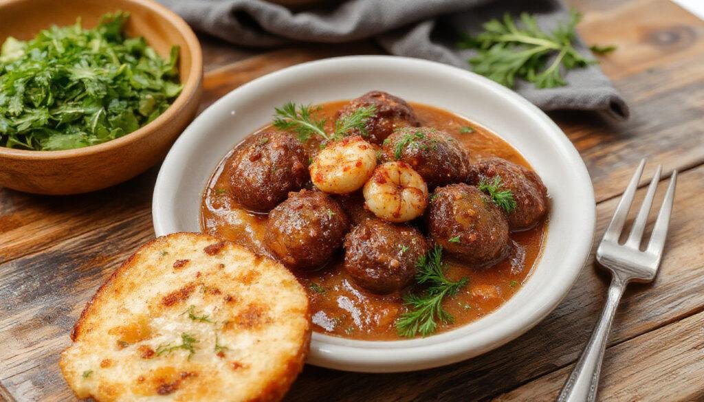 Plato de albóndigas de choco y gambas en un plato white, decoradas con perejil fresco y rodajas de limón, mostrando una textura jugosa y tierna en un estilo tradicional andaluz.