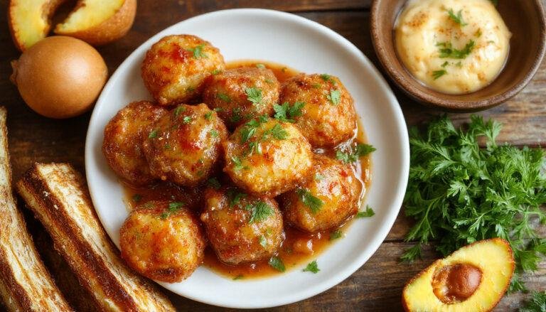 Plato de albóndigas redondeadas, cubiertas con una salsa espesa y brillante de color marrón oscuro, presentadas en un plato blanco y rodeadas de perejil fresco picado.