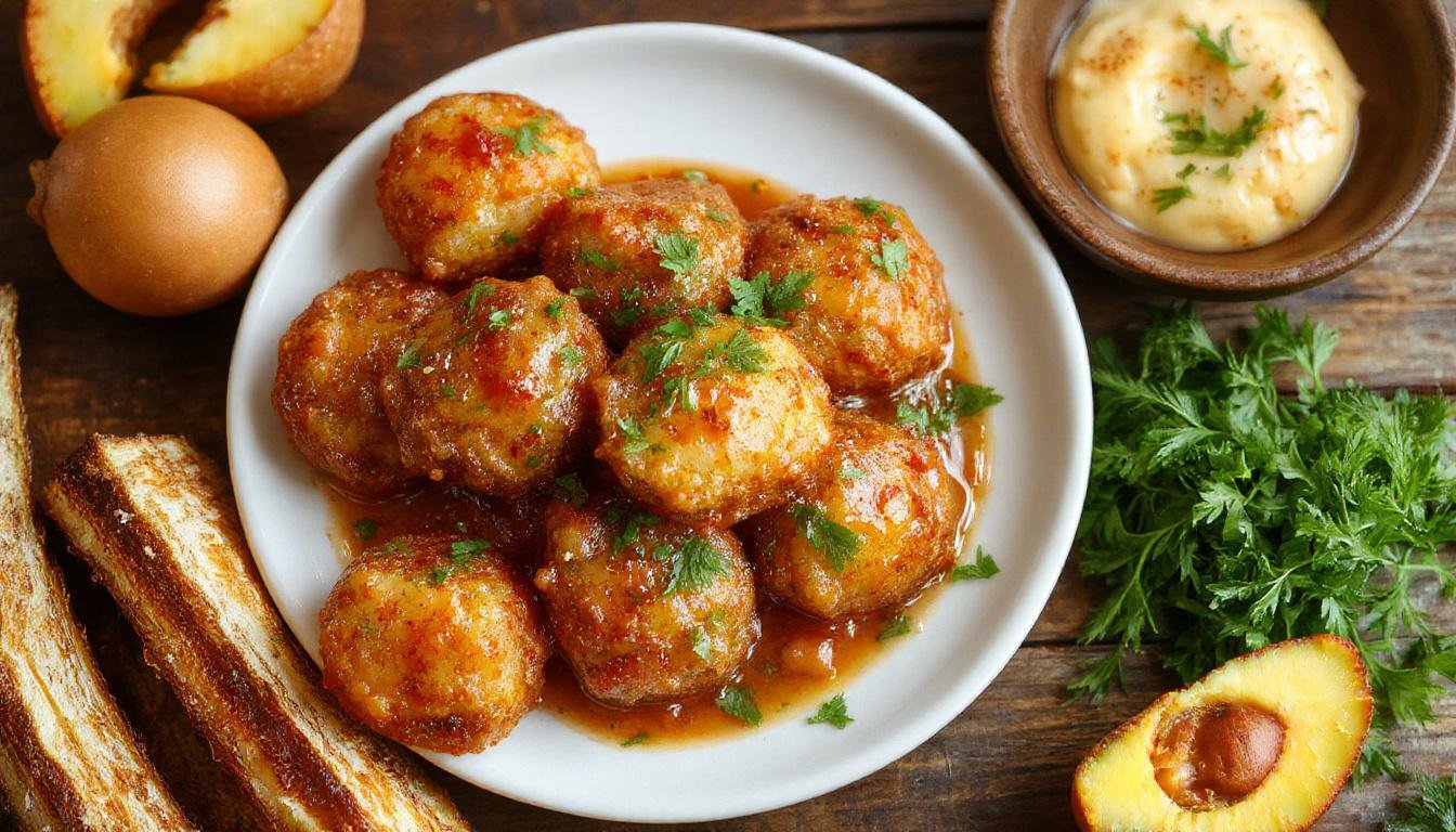 Plato de albóndigas redondeadas, cubiertas con una salsa espesa y brillante de color marrón oscuro, presentadas en un plato blanco y rodeadas de perejil fresco picado.