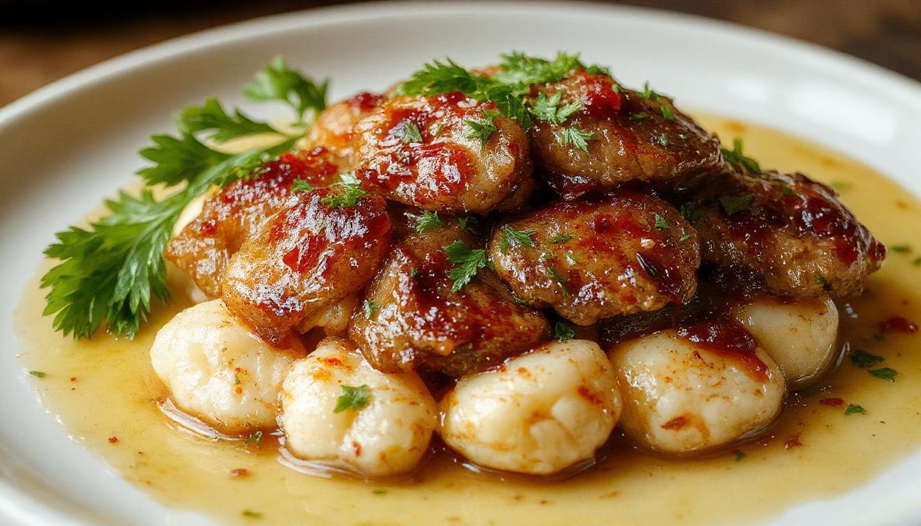 Plato de alcachofas confitadas a baja temperatura, presentadas en un delicado plato blanco, con un color dorado suave y texturas tiernas, decoradas con finas hierbas frescas y un toque de aceite de oliva extra virgen, exhibiendo una apariencia elegante y apetecible.