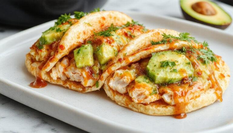 Arepa venezolana rellena con reina pepiada, mostrando una corte transversal con pollo desmechado, aguacate cremoso y mayonesa en un plato blanco sobre una mesa de madera, luz suave realza los colores vibrantes del relleno y la textura crujiente de la arepa.