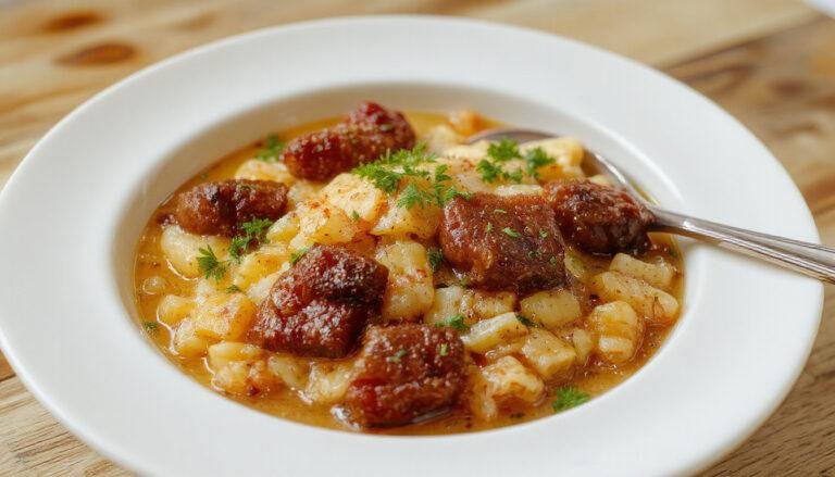 Un plato de arros brut mallorquín en un plato hondo grande, con arroz caldoso que muestra trozos de carne y setas, garnished con hierbas frescas y servido en una mesa rústica, con una apariencia apetecible y colorida.