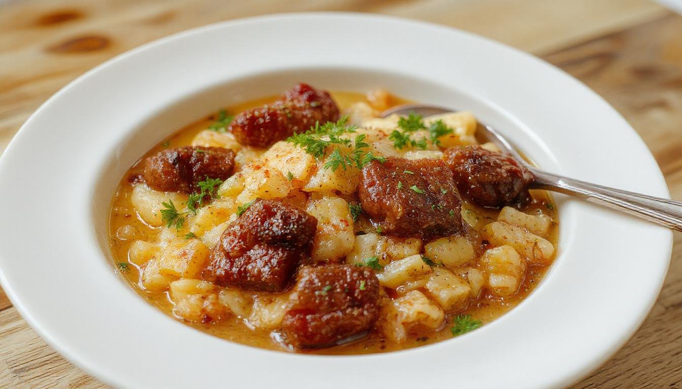 Un plato de arros brut mallorquín en un plato hondo grande, con arroz caldoso que muestra trozos de carne y setas, garnished con hierbas frescas y servido en una mesa rústica, con una apariencia apetecible y colorida.