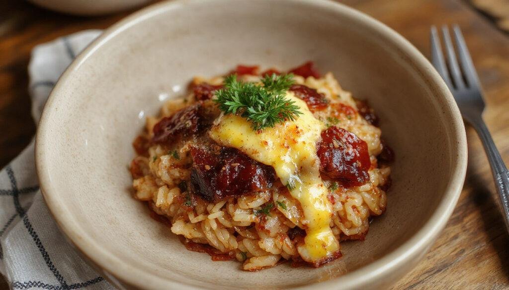 Un plato de arroz negro con sepia en una paella grande, con un toque brillante y una textura cremosa. La sepia está cortada en trozos visibles y el arroz tiene un color negro intenso debido a la tinta, decorado con un toque de alioli en el borde de la paella.