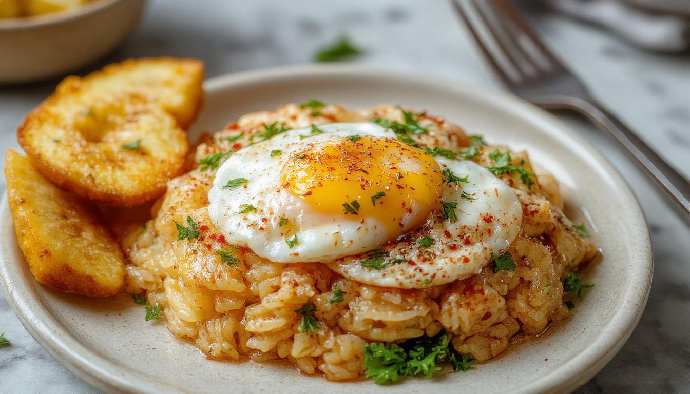 Plato de arroz a la cubana presentado en un plato blanco, acompañado de plátano frito dorado y un huevo frito con la yema aún líquida. El arroz está bien separado y suelto, con un toque de color dorado. La guarnición de plátano y huevo añaden contraste en textura y color, creando una presentación apetitosa y tradicional.