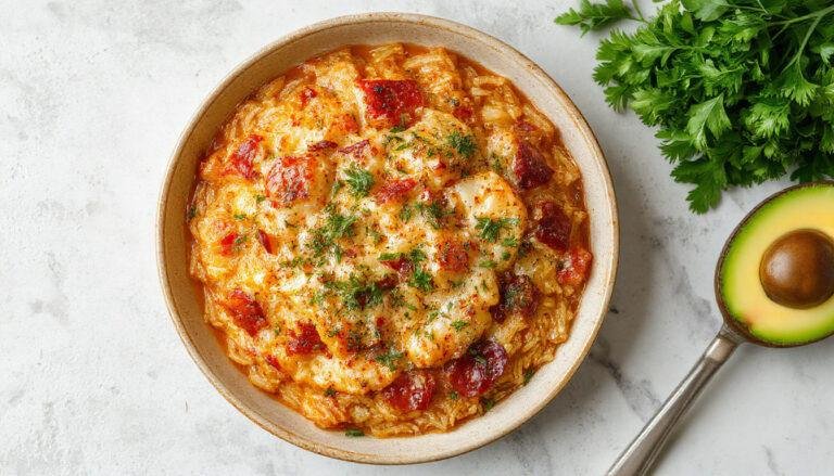 Un plato de arroz al horno valenciano en una cazuela de barro, con arroz dorado, costillas de cerdo, judías verdes, y pimientos rojos, decorado con hierbas frescas, presentado en una mesa rústica.