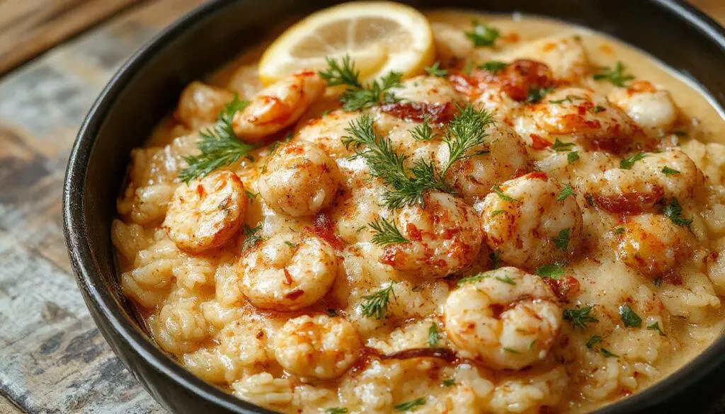 Plato de arroz al Senyoret en una paella blanca con mariscos pelados, como mejillones y gambas, decorado con hierbas verdes y rodajas de limón, presentado sobre una mesa de madera rústica.