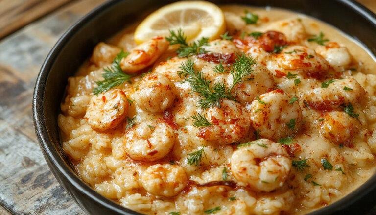 Plato de arroz al Senyoret en una paella blanca con mariscos pelados, como mejillones y gambas, decorado con hierbas verdes y rodajas de limón, presentado sobre una mesa de madera rústica.