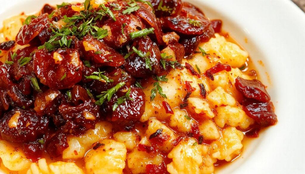 Plato de arroz caldoso con bogavante en una colorida sartén, mostrando la carne roja del crustáceo, arroz dorado y un caldo suculento, decorado con perejil fresco.