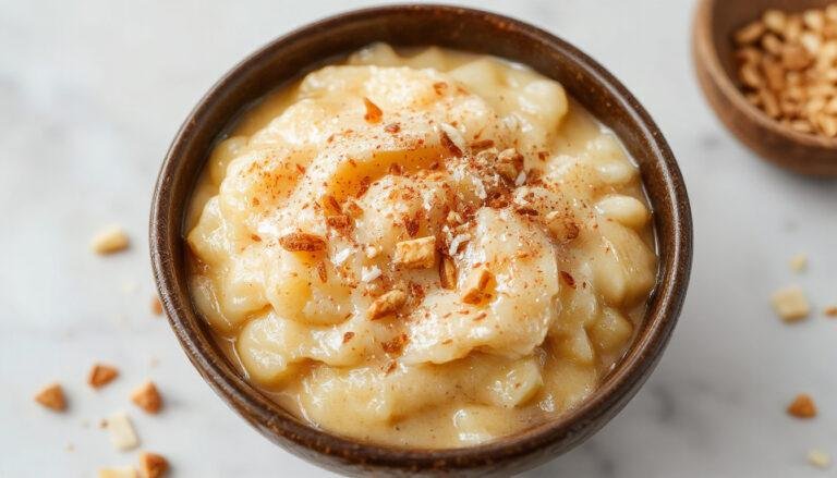 Un plato hondo blanco lleno de arroz con leche cremoso, espolvoreado con canela en polvo y una ramita de canela de adorno. La textura del postre es suave y cremosa, con el arroz visible en la superficie y un acabado que invita a probar.