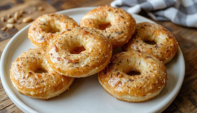 Imagen de bagels caseros esponjosos, ligeramente dorados, con una superficie brillante y masticable, colocados en un plato blanco con algunas semillas sobre ellos, decorados con hierbas frescas y acompañados de mantequilla y mermelada.