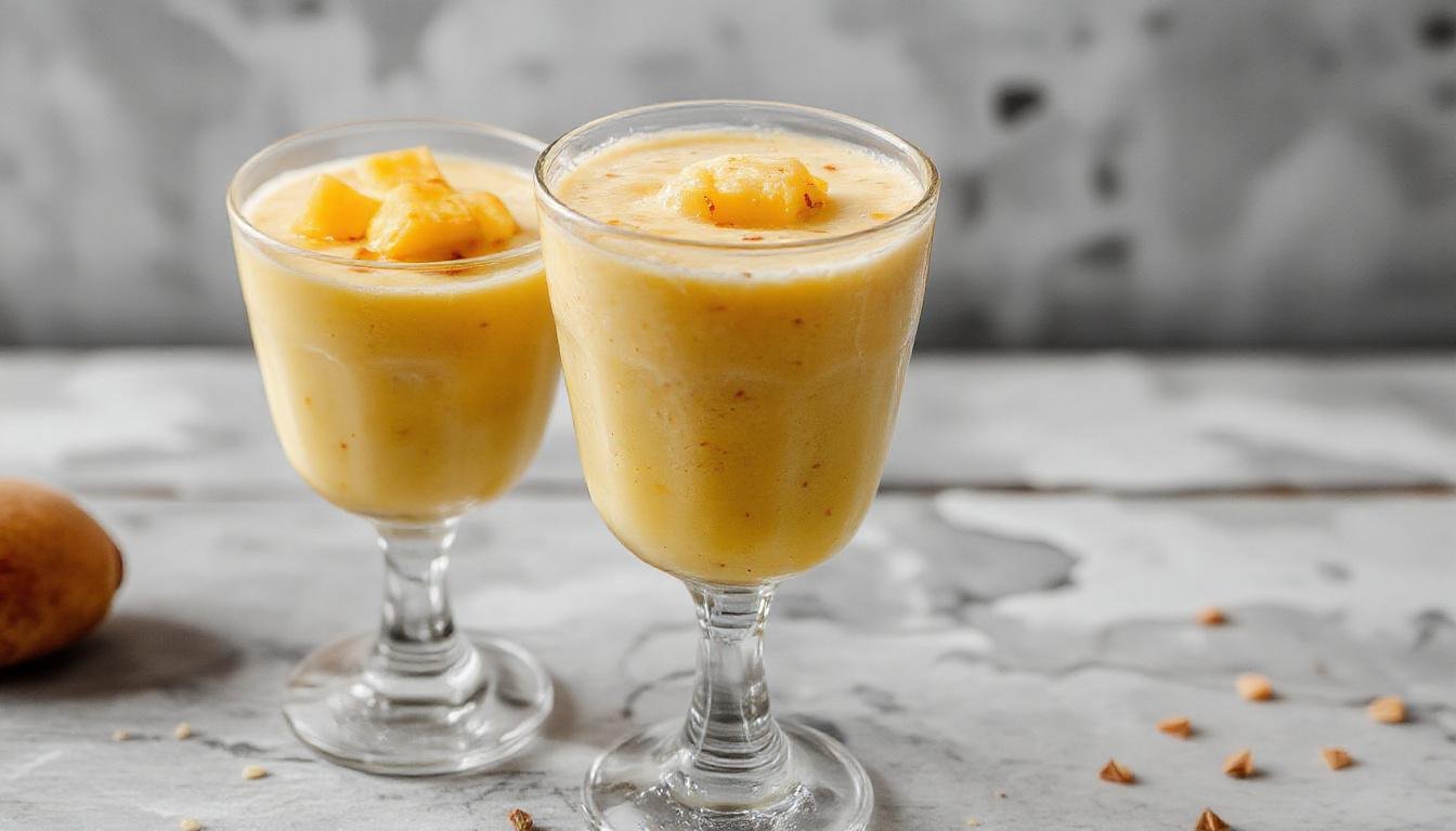 Un vaso alto con un color amarillo vibrante, relleno con un batido cremoso y espumoso de mango y yogur, decorado con una rodaja de mango y una ramita de menta fresca en la parte superior. El vaso está colocado sobre una superficie blanca con fondo desenfocado que resalta su frescura y textura cremosa.