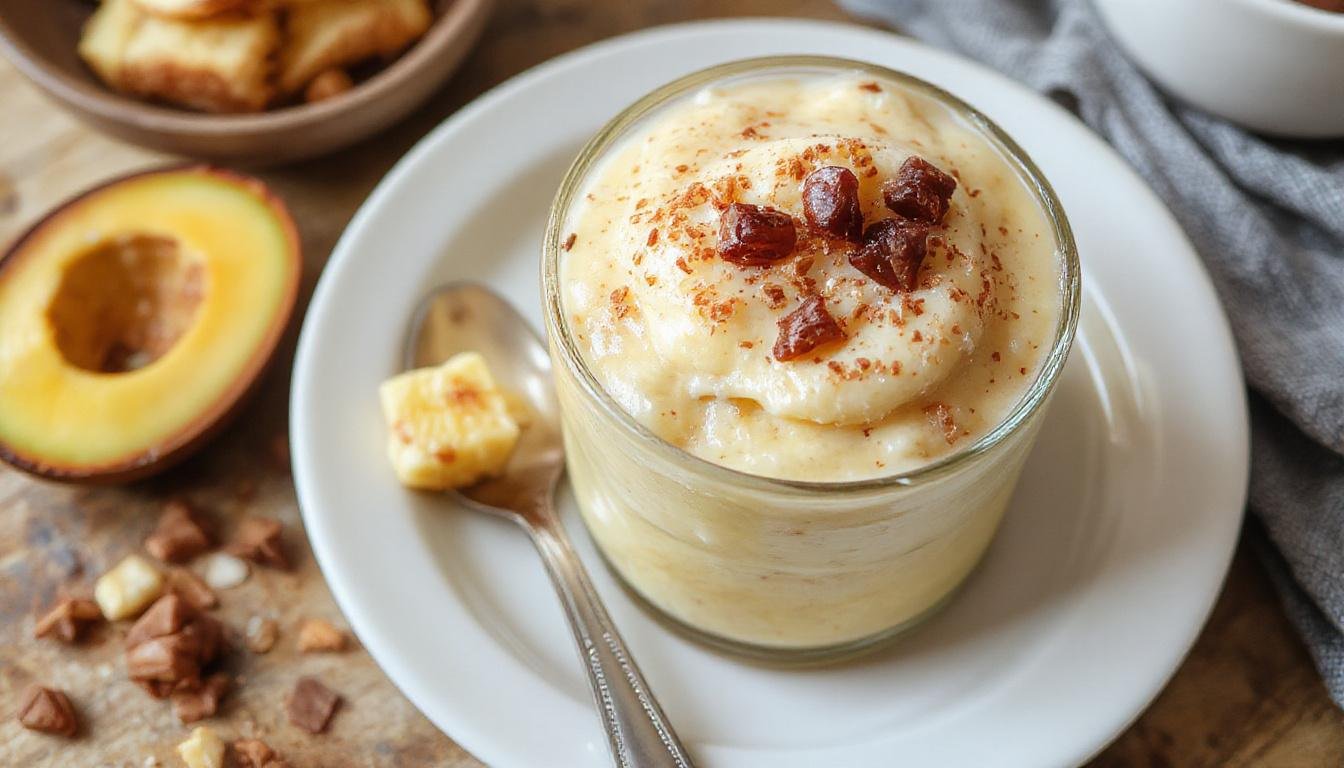 Un vaso alto con un batido de plátano y avena, de color amarillo claro con textura cremosa, decorado con rodajas de plátano y una pizca de avena en la superficie, acompañado de una pajilla y fondo neutro que resalta la frescura y sencillez del desayuno.