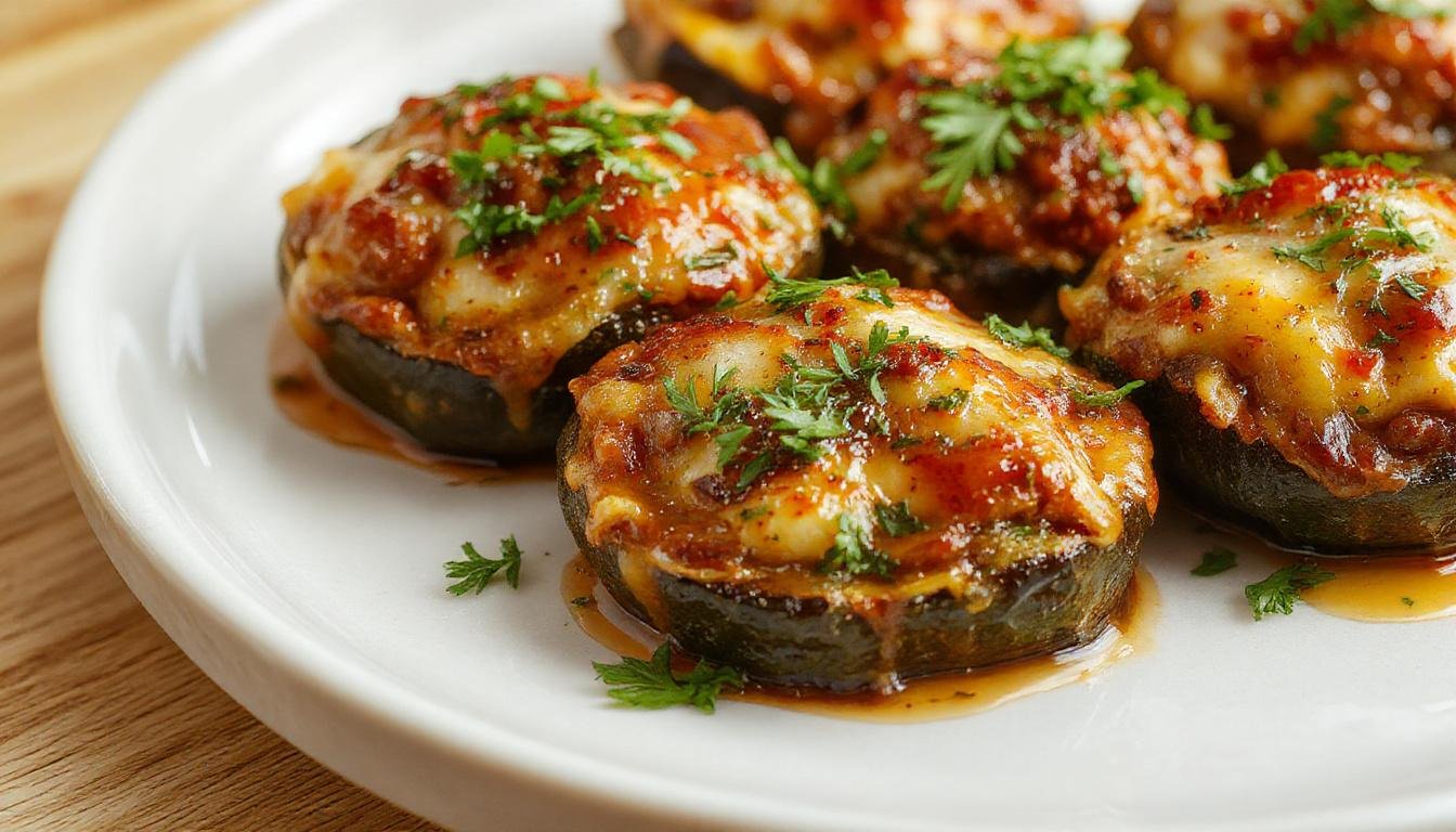 Plato de berenjenas rellenas de carne cubiertas con una capa dorada de queso gratinado, presentado en un plato blanco sobre una mesa rusticada, con el queso frito y burbujeante, las berenjenas cortadas en mitades rellenas y decoradas con hierbas frescas.