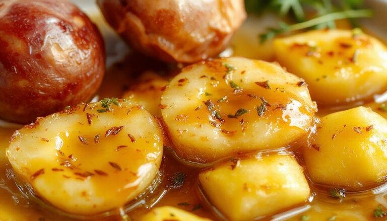 Plato de berenjenas fritas doradas y crujientes, cubiertas con un hilo de miel de caña brillante, presentada en una bandeja de barro sobre una mesa de madera rústica. La textura de las berenjenas se ve crujiente por fuera y tierna por dentro, con un acabado dulce y tentador.